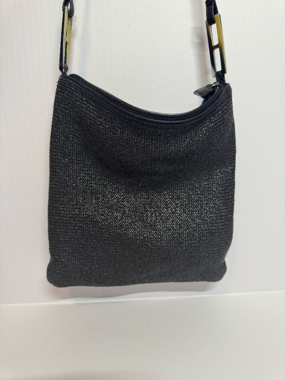 Franchi Black Woven Crossbody Bag Minimalist Shoulder Tortoise Strap Hardware